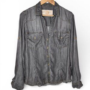 Bella Dahl Tencel Button Up Top Women Grey Wash Roll Sleeve Flap Pocket L